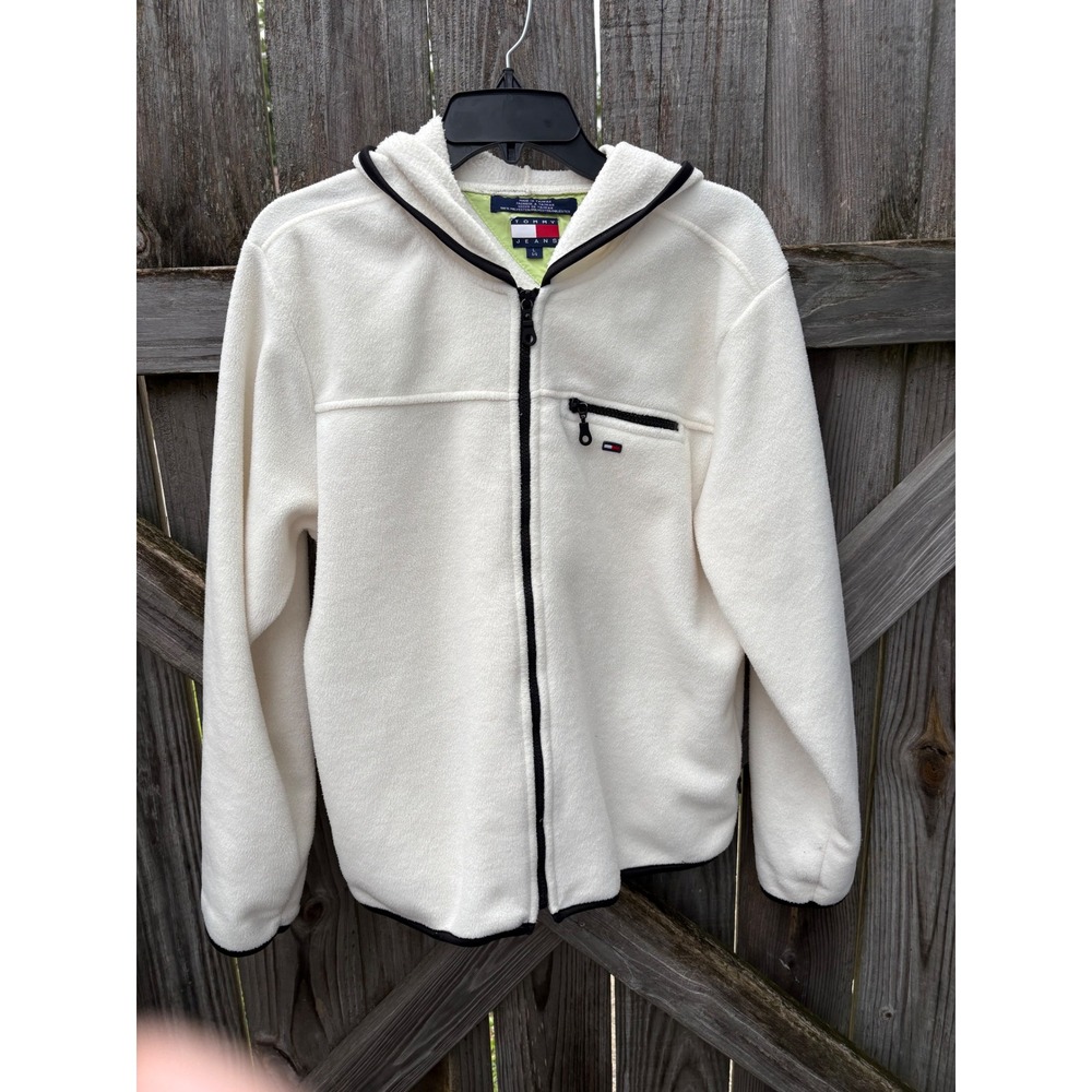 Vintage Tommy Jeans Mens Cream Fleece Full Zip Hoodie Jacket White Large 5/00